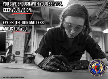 Aviation Structural Mechanic Airman Apprentice Kristina Williamson wears personal protective yellow eye safety glasses while marking metal aboard the amphibious assault ship USS Makin Island on May 16, 2023, in the Pacific Ocean. Most eye injuries involve being struck in the eye by another person or object, according to data from the Vision Center of Excellence at the Defense Health Agency. (U.S. Navy photo illustration by Leslie Tomaino) 