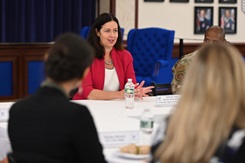 Kristyn Jones, assistant secretary of the U.S. Air Force for financial management and comptroller, speaks to members of the financial management workforce during a visit to Hanscom Air Force Base, Massachusetts, on Aug. 11, 2022. The Defense Health Agency has approved a plan to offer a standardized certification program for comptrollers that is specialized to health care. (U.S. Air Force photo by Mark Herlihy)