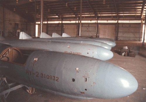 Figure 5. This is a photograph of six Seersucker missiles captured at the Kuwaiti Girls' School awaiting transport to the US. Note the serial number on the first missile above matches that of the missile from the Kuwaiti Girls' school in Figure 4. Photograph taken by US Naval officer, March 1991, at Shubaiha Port.