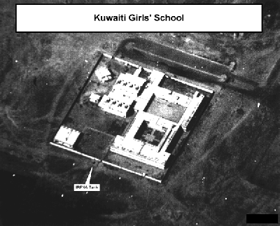 Figure 5. U2 reconnaissance photo of the Kuwaiti Girls' School from March 1, 1991. The obstructed view is due to oil well fire smoke over the area.