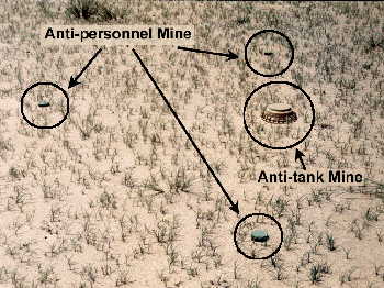 Figure 22. Iraqi mines in Kuwait. The large center mine is an anti-tank mine, surrounded by three anti-personnel mines.