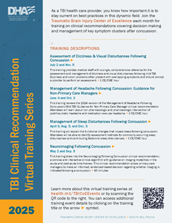 Thumbnail image of the downloadable flyer for the traumatic brain injury center of excellence's 2025 clinical recommendation training series events.