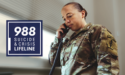 Woman in uniform talking on the phone. 988 Suicide & Crisis Lifeline. Links to: https://www.health.mil/News/In-the-Spotlight/988