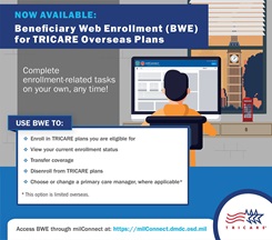 Square social media graphic featuring an image of a man at his computer, explaining that Beneficiary Web Enrollment BWE is now available for TRICARE Overseas beneficiaries to complete enrollment-related tasks online.