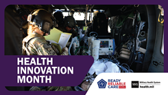 Social media graphic on Health Innovation Month showing a service member delivering en route care.