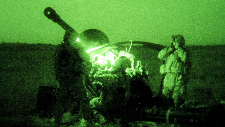 Image of An Army 'gun team' brace for the concussion of a 105mm howitzer during operations in Iraq in 2008. (Photo: Master Sgt. Kevin Doheny).