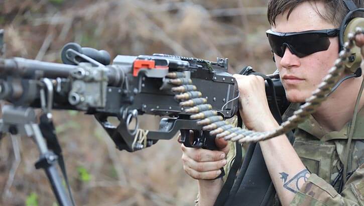 Image of Gunner with 1Brigade Combat Team 82nd Division wears shaded eye protection as he fires his M249 at Rotation 21-05 at the Joint Readiness Training Center. (Photo: Capt. Joseph Warren).