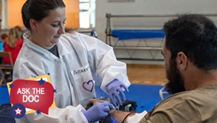 U.S. Army Spc. Saif Al Bayati, a medic with the 173rd Brigade Support Battalion, donates blood during the annual Armed Services Blood Program blood drive held at Caserma del Din, Vicenza, Italy, on Sept. 11, 2023. Sponsored by the 173rd Airborne Brigade, Vicenza Red Cross, and USAG Italy, all blood donated to ASBP stays within the military and goes to forward-deployed throughout Europe and Africa, Special Forces, and patients in military hospitals or clinics. Learn how weigh in on new blood donation eligibility, what you can do if you can’t donate blood, and how your actions save lives. (U.S. Army photo by Sgt. Alisha Grezlik)