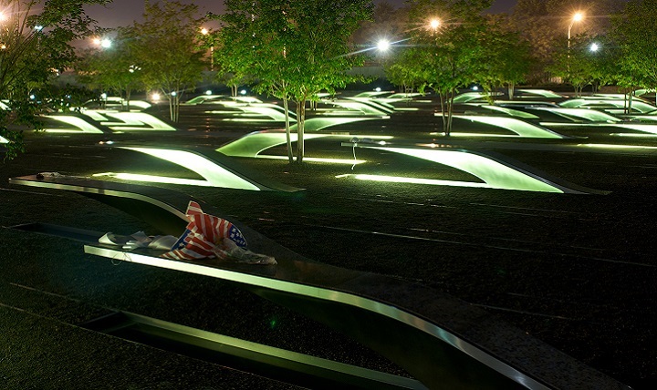 Image of Photo of the National 9/11 Pentagon Memorial. The Pentagon Memorial was created to remember and honor those family members and friends who are no longer with us because of the events of September 11, 2001 at the Pentagon.