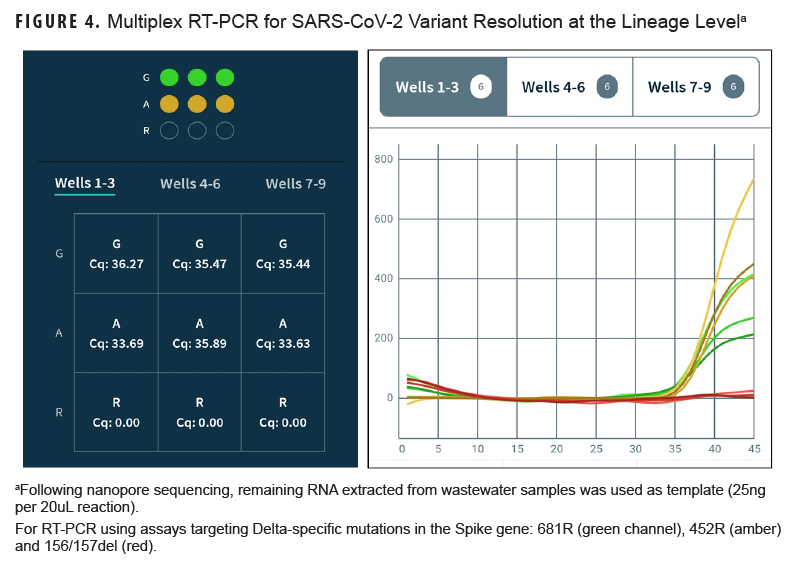 This graphic depicts the output of the multiplex RT-PCR that targeted Delta variant-specific mutations in the spike gene.