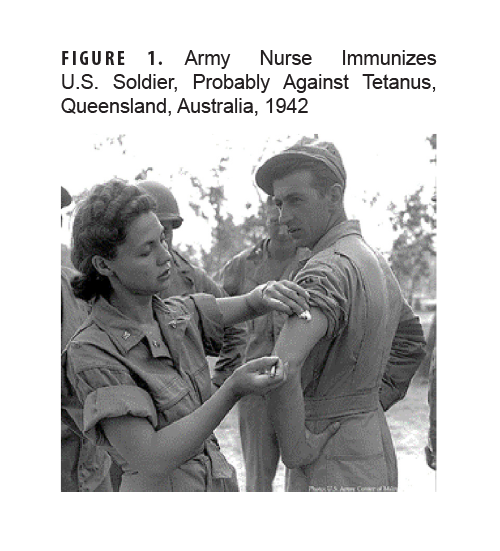 FIGURE 1. Army Nurse Immunizes U.S. Soldier, Probably Against Tetanus, Queensland, Australia, 1942. This figure presents a historical photograph of a nurse vaccinating a service member. 