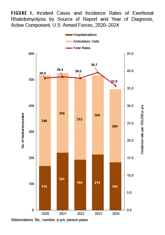 FIGURE 1. Incident Cases and Incidence Rates of Exertional Rhabdomyolysis by Source of Report and Year of Diagnosis, Active Component, U.S. Armed Forces, 2020–2024. This graph presents five stacked vertical columns, each comprised of two segments, depicting the numbers of cases of exertional rhabdomyolysis diagnosed each year from 2020 through 2024 among active component service members of the U.S. Armed Forces. For each year, the height of the lower segment of the column corresponds to the number of cases detected from hospitalization records, and the upper segment represents the number of cases identified through records of ambulatory health care visits. The left vertical, or y-, axis measures the number of medical encounters, in units of 100, from 0 to 600. The right vertical, or y-, axis measures the incidence rate per 100,000 person-years, in units of 5.0, from 0.0 to 45.0. A line along the horizontal, or x-axis, connects points that represent the crude annual incidence rates of exertional rhabdomyolysis cases per 100,000 person-years. Total case numbers were remarkably consistent, in a narrow range of 518 to 526, through 2023, but declined to only 464 cases in 2024. Numbers of cases that were hospitalized have fluctuated, however, from 170 to 221. Incidence rates dropped from 39.7 per 100,000 person-years in 2023 to 35.9 in 2024 after being largely stable.