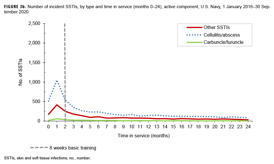 FIGURE 3b. Number of incident SSTIs, by type and time in service (months 0–24), active component, U.S. Navy, 1 January 2016–30 September 2020