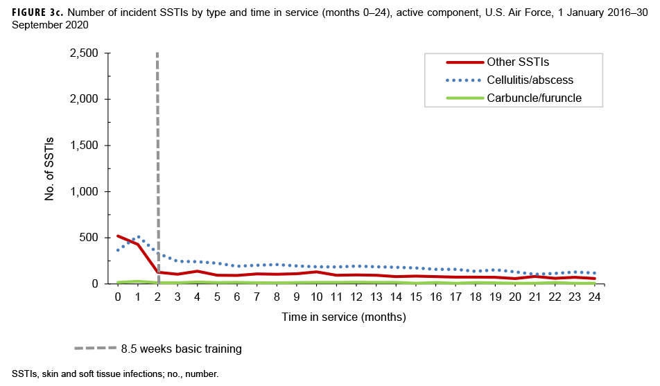 FIGURE 3c . Number of incident SSTIs by type and time in service (months 0–24), active component, U.S. Air Force, 1 January 2016–30 September 2020