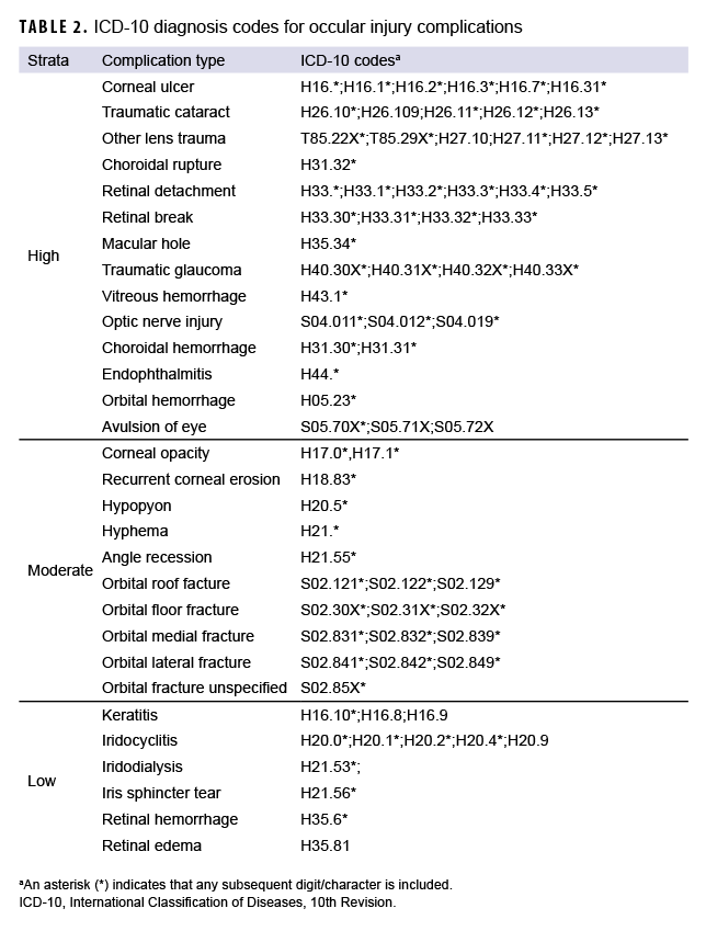 TABLE 2. ICD-10 diagnosis codes for occular injury complications