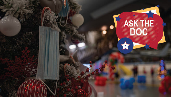 Image of A mask hanging on a Christmas tree.