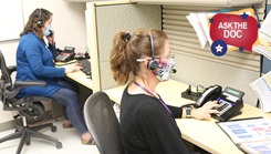 FORT CARSON, Colo. — Janie Frey, left, from the Family Care Ward, and Teressa Harris, right, both registered nurses at Evans Army Community Hospital, from the Intensive Care Unit, answer phone calls Aug. 5 from the COVID-19 patient advice line.