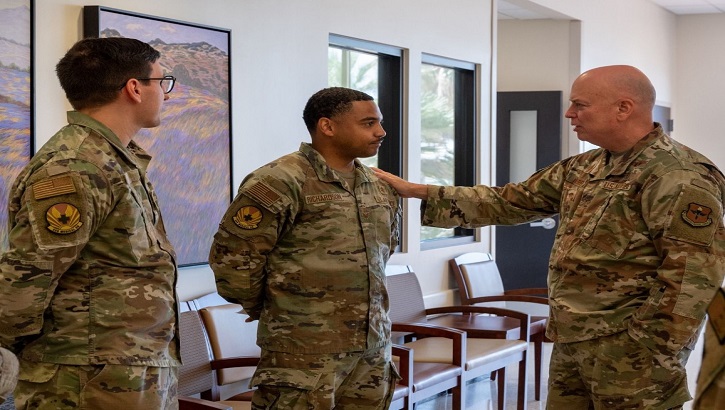 Image of U.S. Air Force Brig. Gen. Thomas Harrell, the new Defense Health Network Central director, San Antonio Market director, 59th Medical Wing commander, and Air Force Medical Agency Alpha lead, meets with members of the 59th MDW during commander immersions at Joint Base San Antonio-Randolph, Sept. 12, 2023.  As network director, Harrell oversees the military’s largest medical network with 39 hospitals and clinics to include the military’s premier readiness, education, and training platforms. (U.S. Air Force photo by Staff Sgt. Kelsey Martinez).