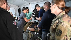 Family Medicine Residency Program residents participate in a scenario emergency evacuation trauma-based exercise that tested residents’ skills needed to take care of complex trauma patients, with faculty there to observe and assist, during a morning of training