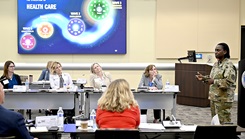 Defense Health Agency Director U.S. Army Lt. Gen. Telita Crosland fields questions from military spouses and speaks toward DHA priorities at Joint Base Andrews in Prince George’s County, Maryland. (Photo by Wayne Clark, Production Branch Chief Secretary of the Air Force Public Affairs)