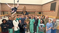 A group of doctors standing together with comical clips of other doctors edited into the picture.  