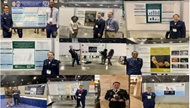 A collage of pictures showing doctors standing in front  of poster presentations.  