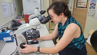 A resident studies malaria slides under a microscope while TDY. 