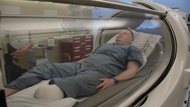 Army Capt. Kyle Salik is the first patient to receive oxygen therapy at the new Undersea & Hyperbaric Medicine Clinic at Brooke Army Medical Center June 20, 2017. Hyperbaric Oxygen can be used to treat 14 different indicators including wound healing.