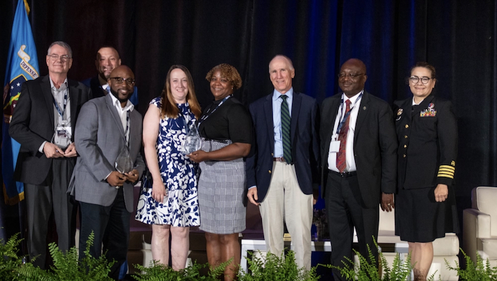 Image of Defense Health Agency’s leaders presented some awards to three DHA teams for their work in auditability compliance, cyber security, and rationalization/alignment of resources in military hospital and clinics at the 2023 Defense Health Information Technology Symposium on Aug. 8. Pictured are, from the left; Kevin Griffin, deputy chief information officer at Evans Army Community Hospital, Pat Flanders, program executive officer medical systems/chief information officer for the DHA, James Laster, chief information officer at Irwin Army Community Hospital, Tonya Reeder, CIO, Walter Reed National Military Medical Center, Sharon Opel, chief technology officer, WRNMMC, DHA Deputy Director Dr. Michael Malanoski, Stephen Ngeke, division chief of infrastructure and operations, WRMMC, and U.S. Public Health Service Capt. Ivonne Arena, deputy chief information officer.