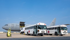 A U.S. Air Force KC-46 Pegasus aircraft, assigned to the 97th Air Mobility Wing sits on the flightline at Kelly Field