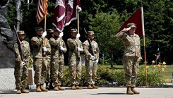 Col. Elizabeth H. Duque, the new commander of the U.S. Army Medical Department Activity – Fort Drum, presents a salute in front of the unit’s color guard for the first time as commander during a change of command ceremony at Fort Drum, N.Y., July 18, 2025. (U.S. Army photo by Warren W. Wright Jr., Fort Drum MEDDAC public affairs)