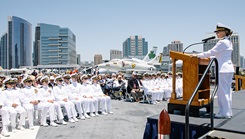 U.S. Navy Rear Adm. Pamela Miller, medical 0fficer of the U.S. Marine Corps and vice chief of the Bureau of Medicine and Surgery for Reserve Policy and Integration, delivers keynote remarks during Naval Medical Center San Diego’s Emergency Medicine Residency Program graduation ceremony