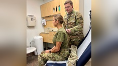 U.S. Army Maj. (Dr.) Karl Swinson, medical director, primary care clinic, checks a patient at Lyster Army Health Clinic, Fort Novosel, Alabama. One of the busiest aviation medicine clinics in the U.S. Army is located at Lyster Army Health Clinic performing 42% of the Army’s flight physicals. The specialized clinic, established in July 2023, serves all military personnel on flight status to include aviators, aircrew, air traffic controllers, unmanned vehicle operators, and flight paramedics. (Photo by Janice Erdlitz/Lyster Army Health Clinic)