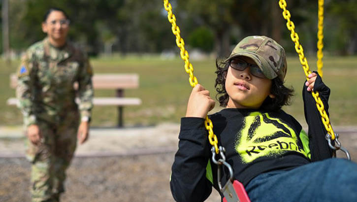 Image of U.S. Air Force Airman 1st Class Rocio Romo, public affairs specialist at Space Launch Delta 30, spends quality time with her son at Cocheo Park on Vandenberg Space Force Base, California. We celebrate Month of the Military Child in April to celebrate military children whose parents serve the United States. (Photo: U.S. Space Force Airman 1st Class Kadielle Shaw).