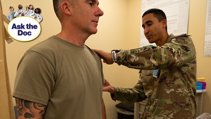 Image of U.S. Air Force Chief Master Sgt. Raun Howell, 6th Air Refueling Wing command chief, left, receives a flu shot from Tech. Sgt. Orlando Navarro, 6th Healthcare Operations Squadron clinical specialty flight chief, right, at MacDill Air Force Base, Florida, on Oct. 23, 2024. One of our respiratory disease doctors provides advice about seasonal infectious lung diseases to keep your family safe. (U.S. Air Force photo by Airman 1st Class Alicia Campbell).