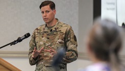 Col. Jeremy Johnson, commander of U.S. Army Medical Department Activity–Japan, answers a question during a medical town hall at the Camp Zama Community Club, Japan, Aug. 29, 2023. The meeting announced a new health care option for civilians and the rollout of an electronic health record system, among other updates. (photo: Sean Kimmons)