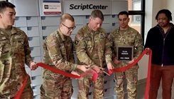 Pfc. John Lingo, pharmacy technician; Capt. Jacob VanBemmel, pharmacy chief; Col. Shane Mendenhall, commander; Sgt. Maj. Jason Trevino, senior enlisted leader; and Devantre Blackmon, pharmacy technician at ribbon cutting ceremony at MAHC