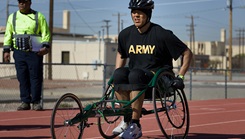 U.S. Army Sgt. 1st Class David Hong prepares for the 100-meter wheelchair race during the track competition at the 2025 Army Trials