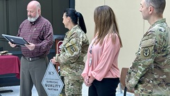 Blanchfield Army Community Hospital Deputy Commander for quality assurance, presented an award to representatives from the Department of Surgery and QA Division on behalf of the American College of Surgeons, Nov. 6, 2023. BACH is among 78 hospitals nationwide recognized under the National Surgical Quality Improvement Program for surgical patient care. 