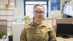 U.S. Air Force Reserve Tech. Sgt. Sarah Davidson, the non-commissioned officer in charge of the public health office with the 157th Air Refueling Wing, poses for a portrait in the 157th Medical Group on Jan. 10, 2023, at Pease Air National Guard Base, New Hampshire. Davidson was selected as the 2023 Air National Guard Public Health NCO of the Year. (Photo by U.S. Air National Guard Tech. Sgt. Victoria Nelson)