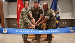 Navy Capt. Jenny Burkett, Naval Hospital Camp Pendleton Director, Lt. Gen. Michael Cederholm, commanding general of I Marine Expeditionary Force, and Brig. Gen. Nick Brown, commanding general of Marine Corps Installations West / Marine Corps Base Camp Pendleton, cut the ceremonial ribbon officially opening the new and improved 21 Area Branch Health Clinic on Sept. 19, 2024. 