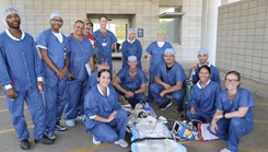 Naval Health Clinic Lemoore's ambulatory procedure unit (APU) and main operating room (MOR) staff members who participated in this year's Great ShakeOut. Top Left to right: Hospitalman Tata Yimbu, Lt. Jacarlos House, Hospital Corpsman First Class Shane Upton, Lt. Cmdr. Anthony Duran, Lt. Brian Oldenburg, Hospital Corpsman Third Class Carabeo and Lt. Cmdr. Christina Westbrook. Bottom row: Lt.jg. Marissa Raia, Hospital Corpsman Third Class Joshua Akana, Cmdr. Evan Hodell, Hospitalman Rivera, Hospitalman Martin, Hospital Corpsman Third Class Angelita Dolores and Lt. jg. Alicia Reilly.  (Photo By Elaine Heirigs)