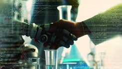 Graphic of a robot and a human shaking hands