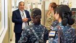 Dr. Darrin Frye, chief science director, Naval Medical Research Unit (NAMRU) San Antonio, gives a tour of research facilities to flight nurses from the Royal Thai Air Force at the Battlefield Health and Trauma Research Institute