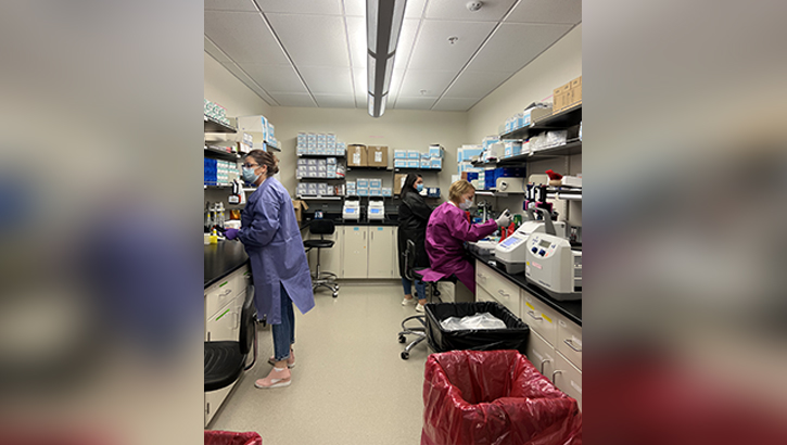 Military medical personnel  prepare specimens in laboratory