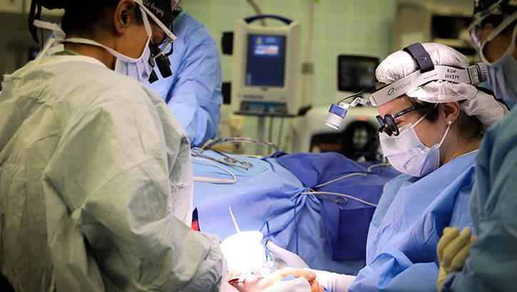 Image of (From left) Army Lt. Col. Shimul Patel, chief, Plastic Surgery Services, Landstuhl Regional Medical Center, and U.S. Army Lt. Col. Jessica Peck, chief, Ear, Nose and Throat Clinic, LRMC, operate on a cancer patient during the first microvascular reconstruction and anastomosis procedure ever performed at LRMC, Dec. 3, 2021. .