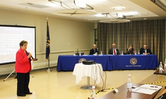 Link to Photo: Dr. Linda Spoonster Schwartz, assistant secretary for policy and planning for the Department of Veterans Affairs, addressed the audience during a panel discussion on international and interagency relationships at James A. Haley Veteran’s Hospital in Tampa, Florida, Oct. 27, 2016. (MHS photo)