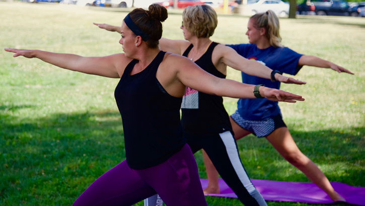 Image of Airmen of the 174th Attack Wing participate in a weekly yoga class. Classes are intended to present an alternative way for 174th members to build both mental and physical strength. Yoga is also a way to alleviate chronic pain in the body. (U.S. Air Force photo by Staff Sgt. Duane Morgan).