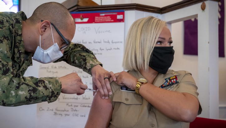 Image of Navy Chief Navy Counselor Agnieszka Grzelczyk assigned to Navy Talent Acquisition Group Philadelphia received the COVID-19 vaccine at Naval Weapons Station Earle in March 2021.