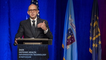Dr. Stephen Ferrara, acting assistant secretary of war for health affairs, gives a plenary presentation at the 2025 Defense Health Information Technology Symposium